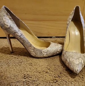 Ivanka Trump silver and white sparkly heels